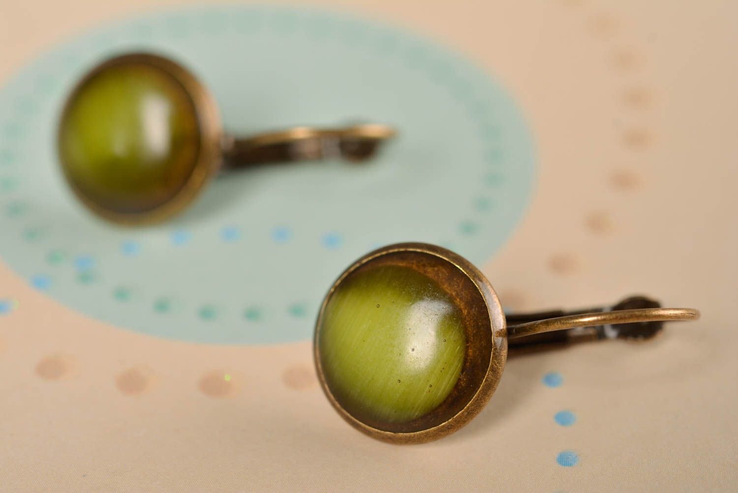 Small earrings made of metal and natural cat's eye stone handmade accessory photo 1