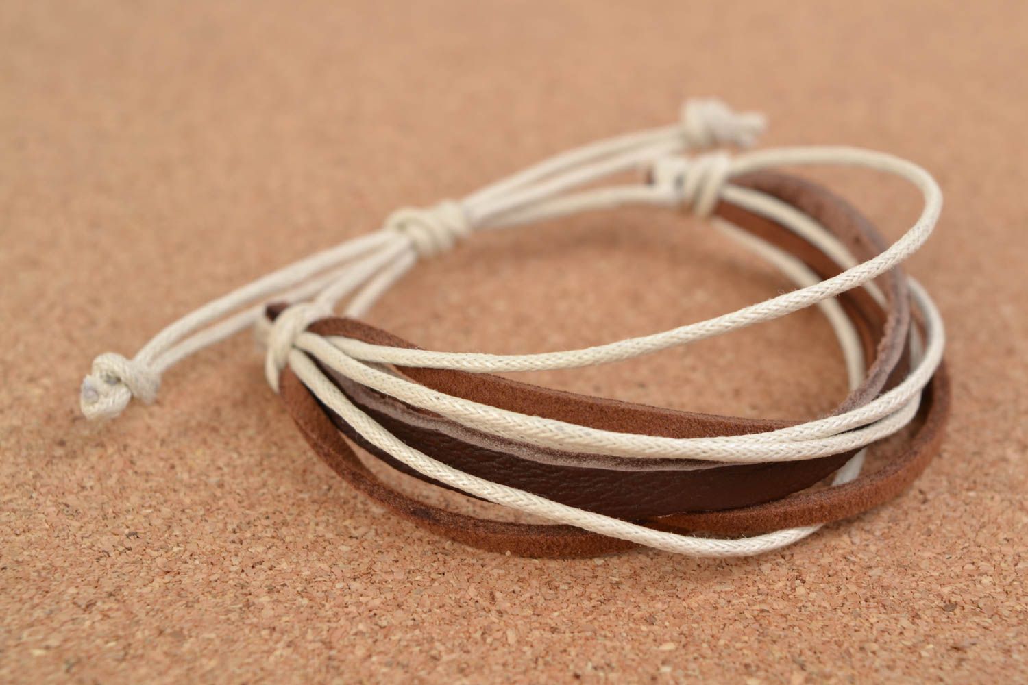 Handmade genuine leather and suede cords wrist bracelet in brown color palette photo 1