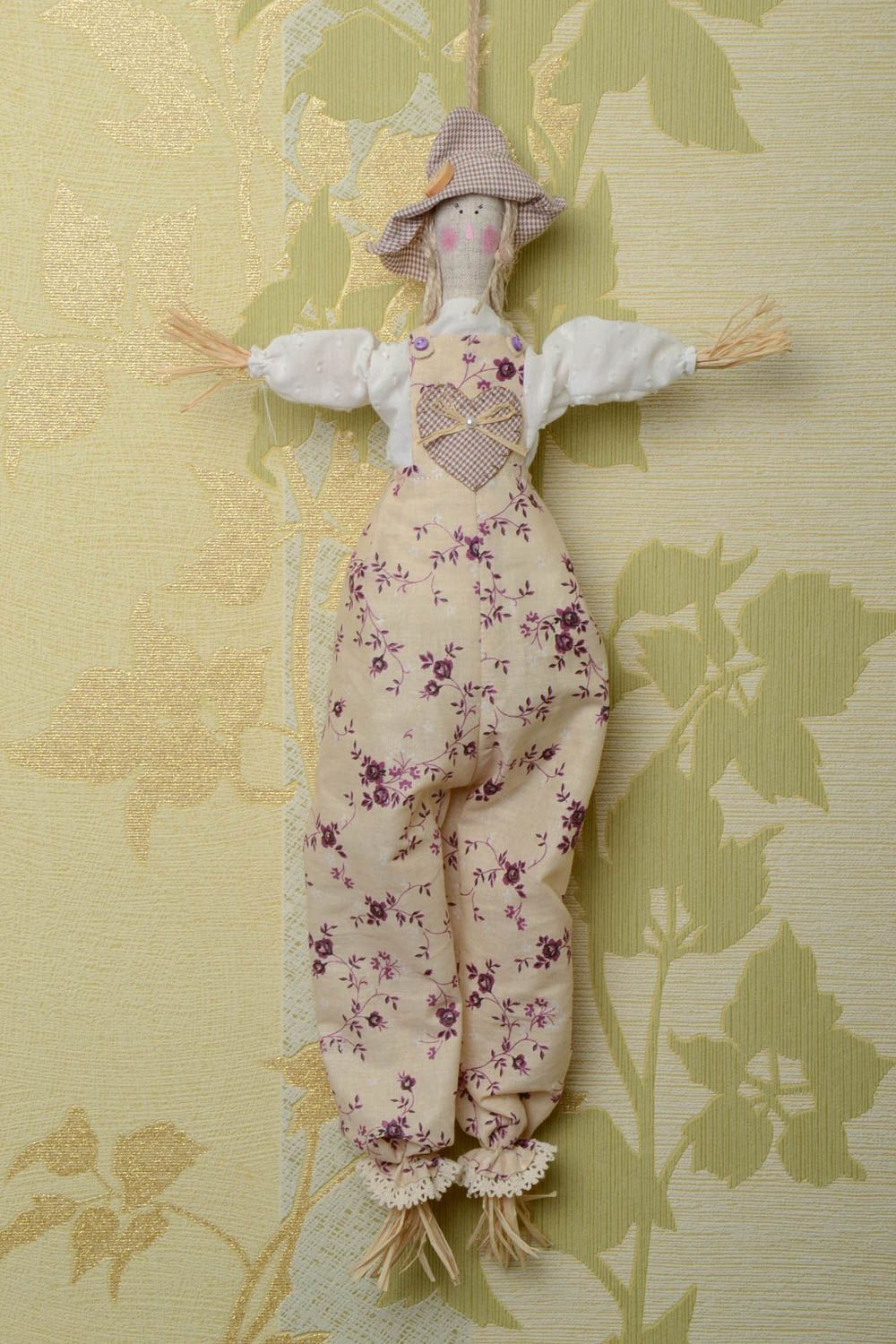 Handmade designer soft doll sewn of cotton and chintz fabrics Scarecrow photo 1