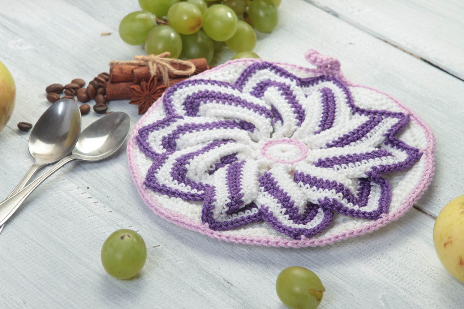 Handmade Topflappen gehäkelt Küchen Textilien Haus Deko violette Blume foto 1