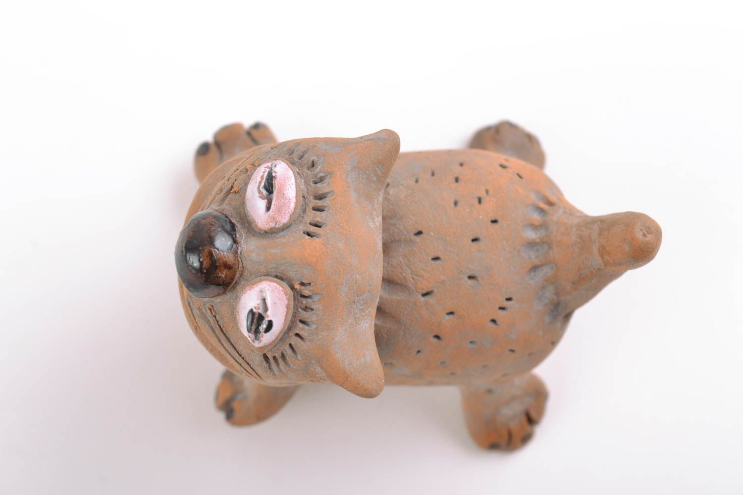 Handmade small collectible ceramic souvenir figurine of cat of brown color photo 5