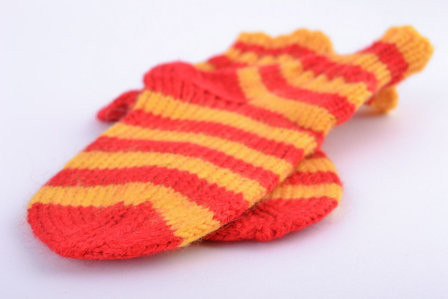 Yellow and red striped handmade baby socks knitted of semi-woolen threads photo 5