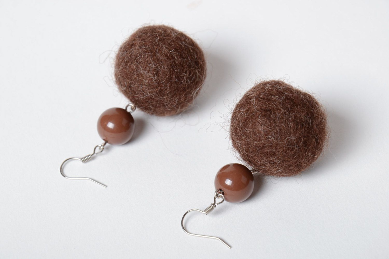 Brown handmade soft felted wool earrings with beads photo 3