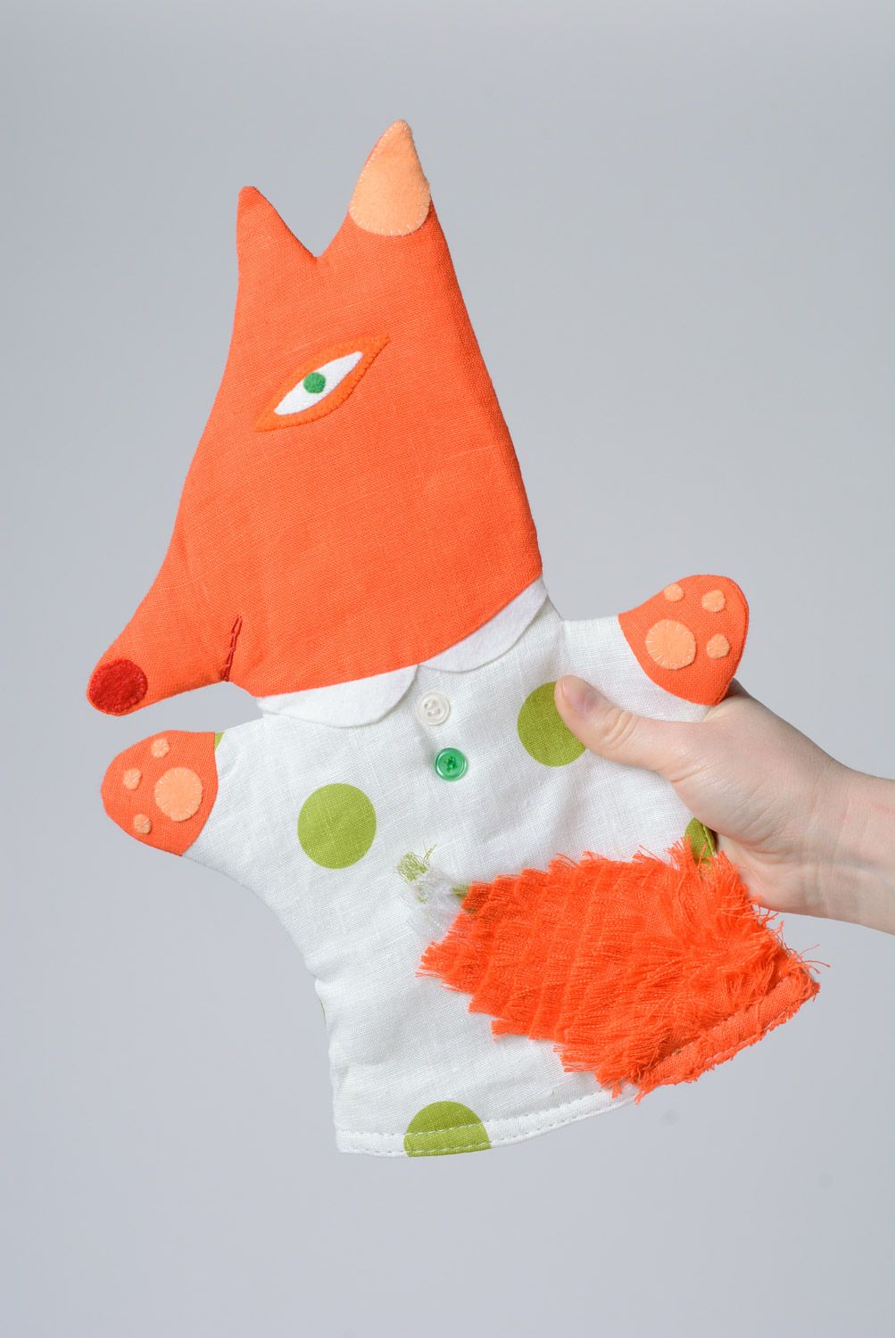Игрушка на руку для кукольного театра лиса из льна и бязи оранжевая для детей  фото 1