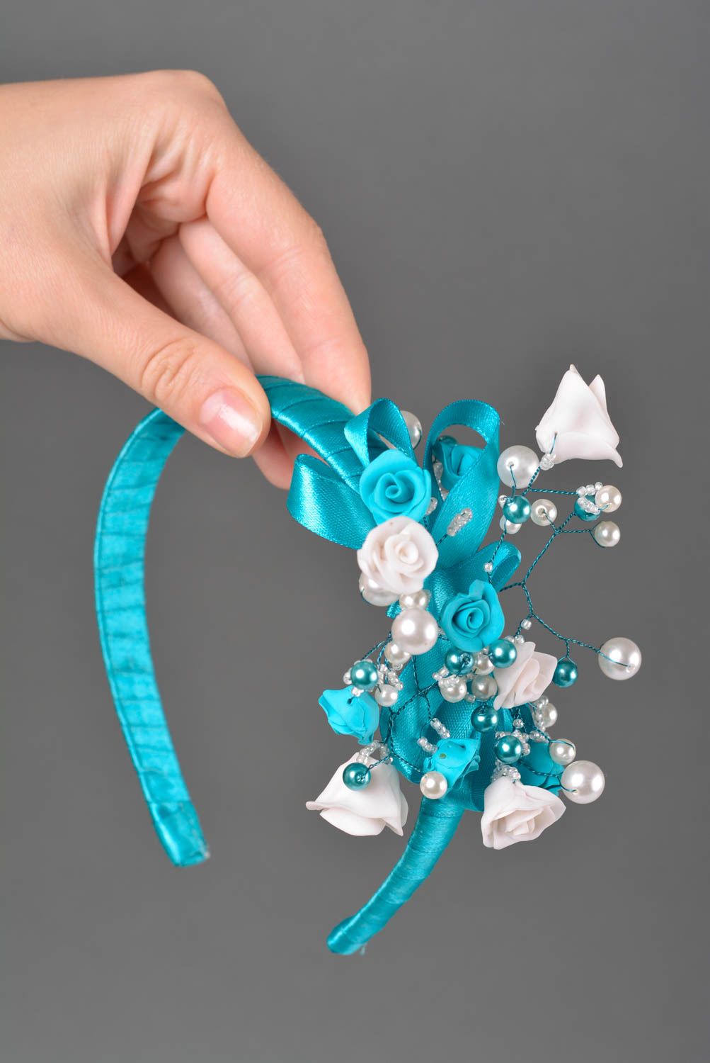 Beautiful blue handmade designer polymer clay flower headband with beads photo 2