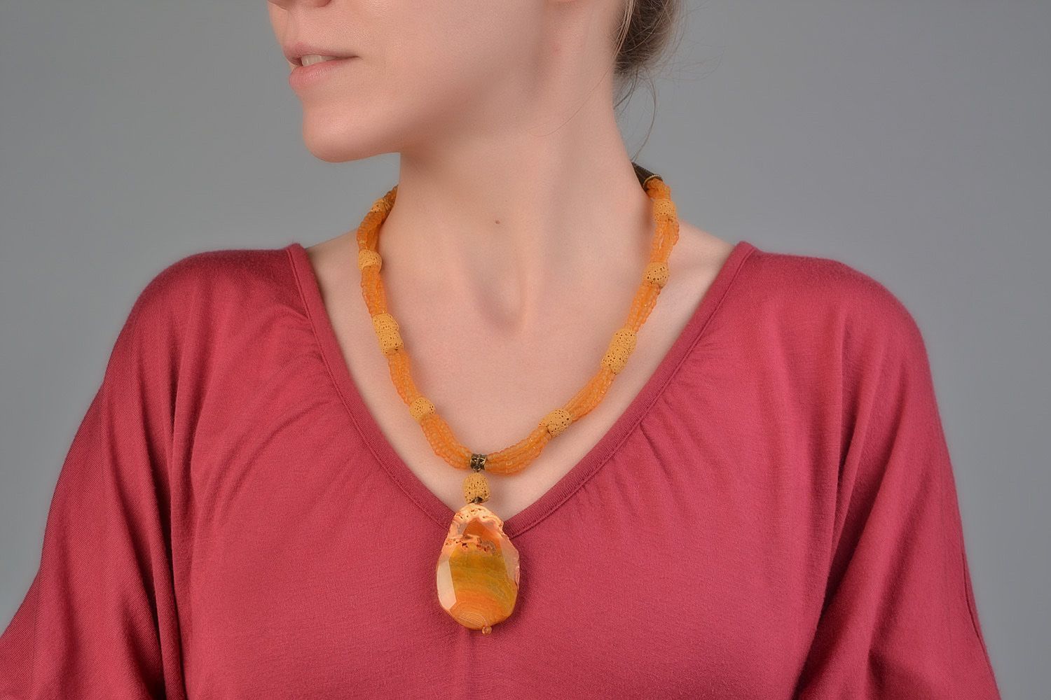 Massive necklace with natural volcanic lava of yellow color River for women photo 1