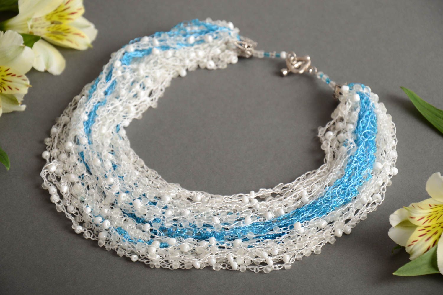 White and blue handmade multirow airy beaded necklace beautiful jewelry photo 1