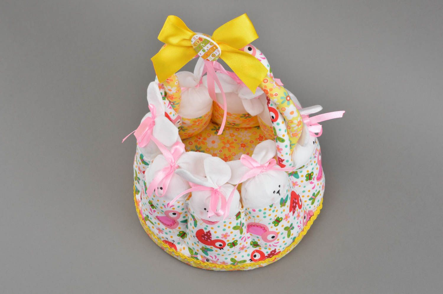 Beautiful Easter interior basket sewn of fabric manually Rabbits in park photo 3