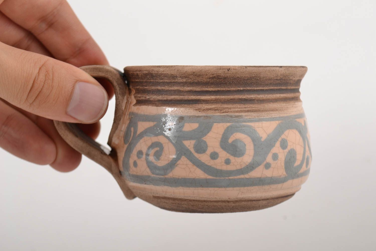 3,3 oz coffee clay cup with pattern and wide handle photo 2