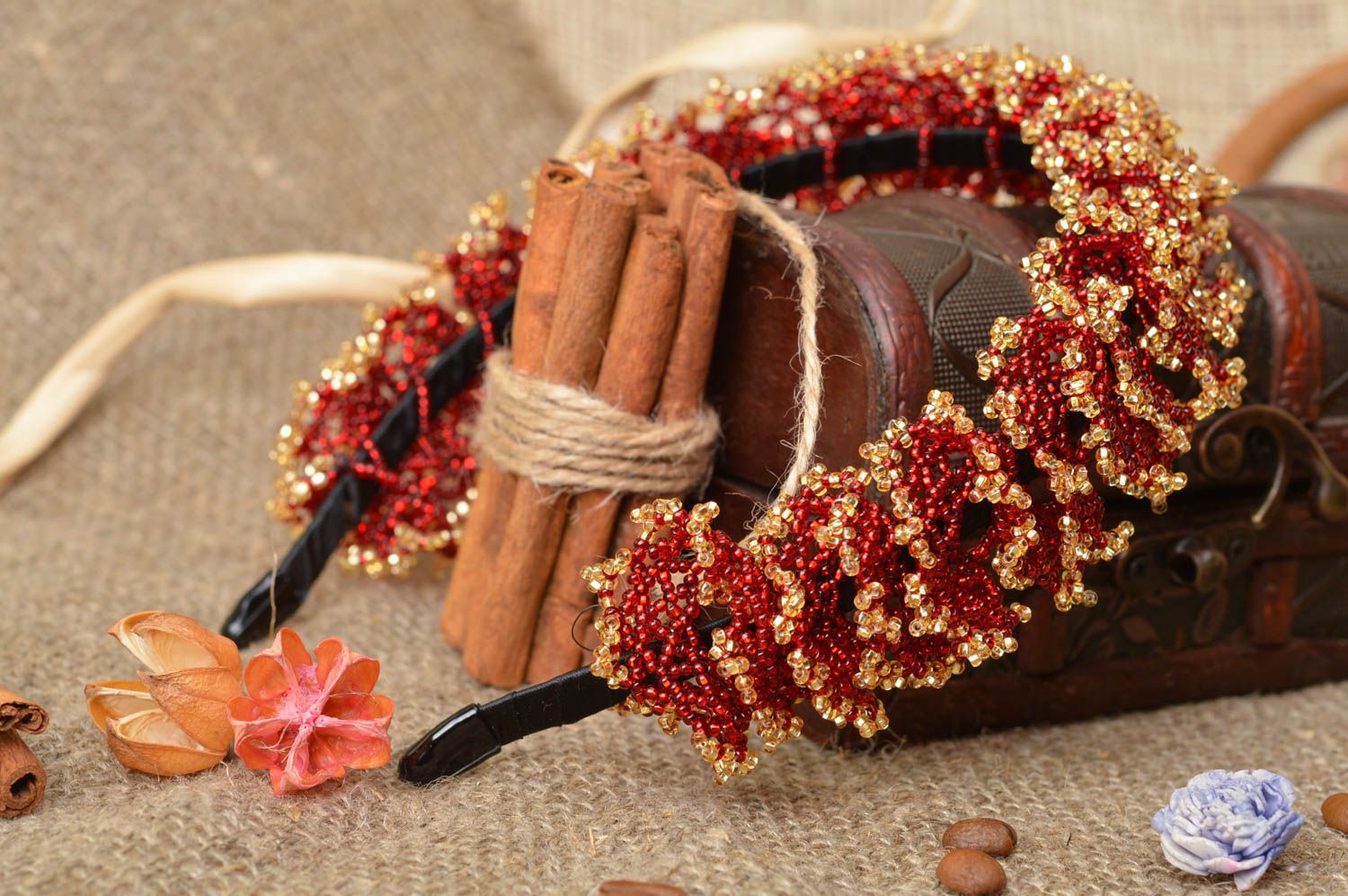 Unusual beautiful handmade designer beaded lace headband red and gold photo 1