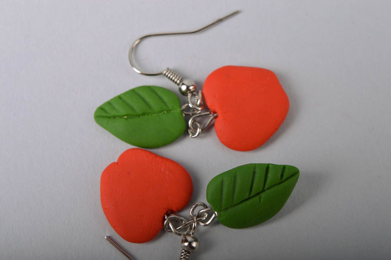 Handmade designer long dangle earrings with cold porcelain red apples photo 5