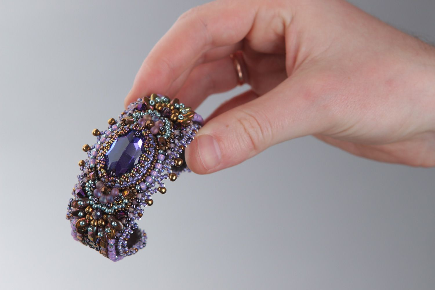 Handmade massive violet wrist bracelet embroidered with sparkling beads photo 4