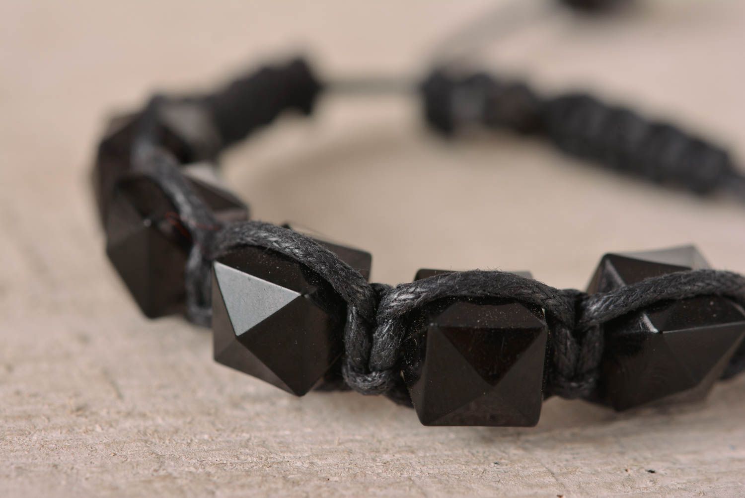 Black cord square black beads strand bracelet for men photo 3