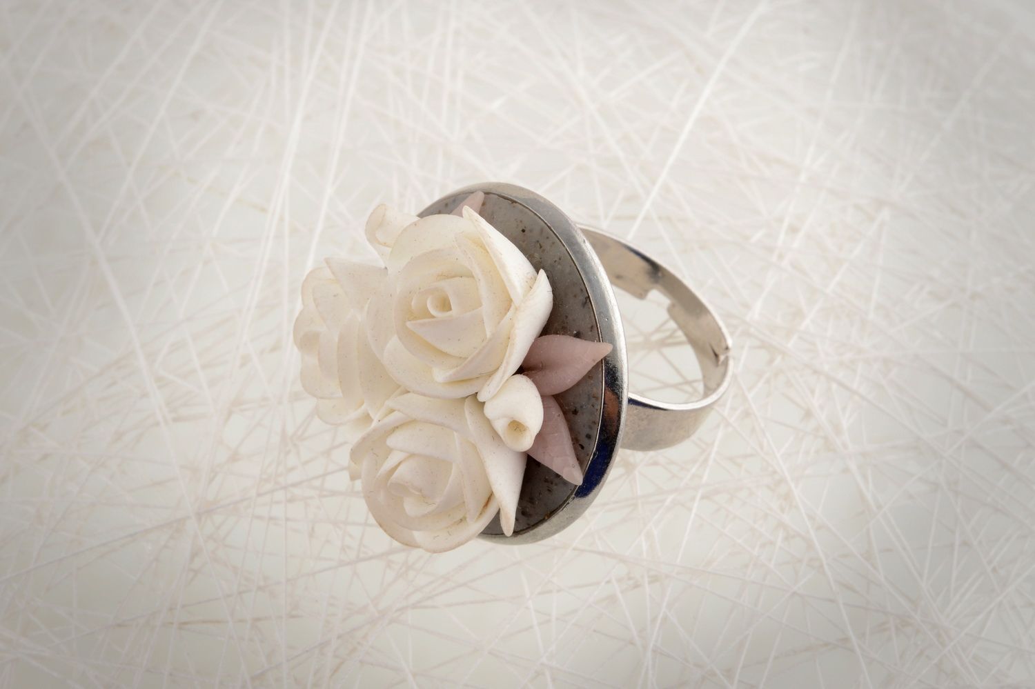 Handmade designer jewelry ring with white polymer clay flowers on metal basis photo 1