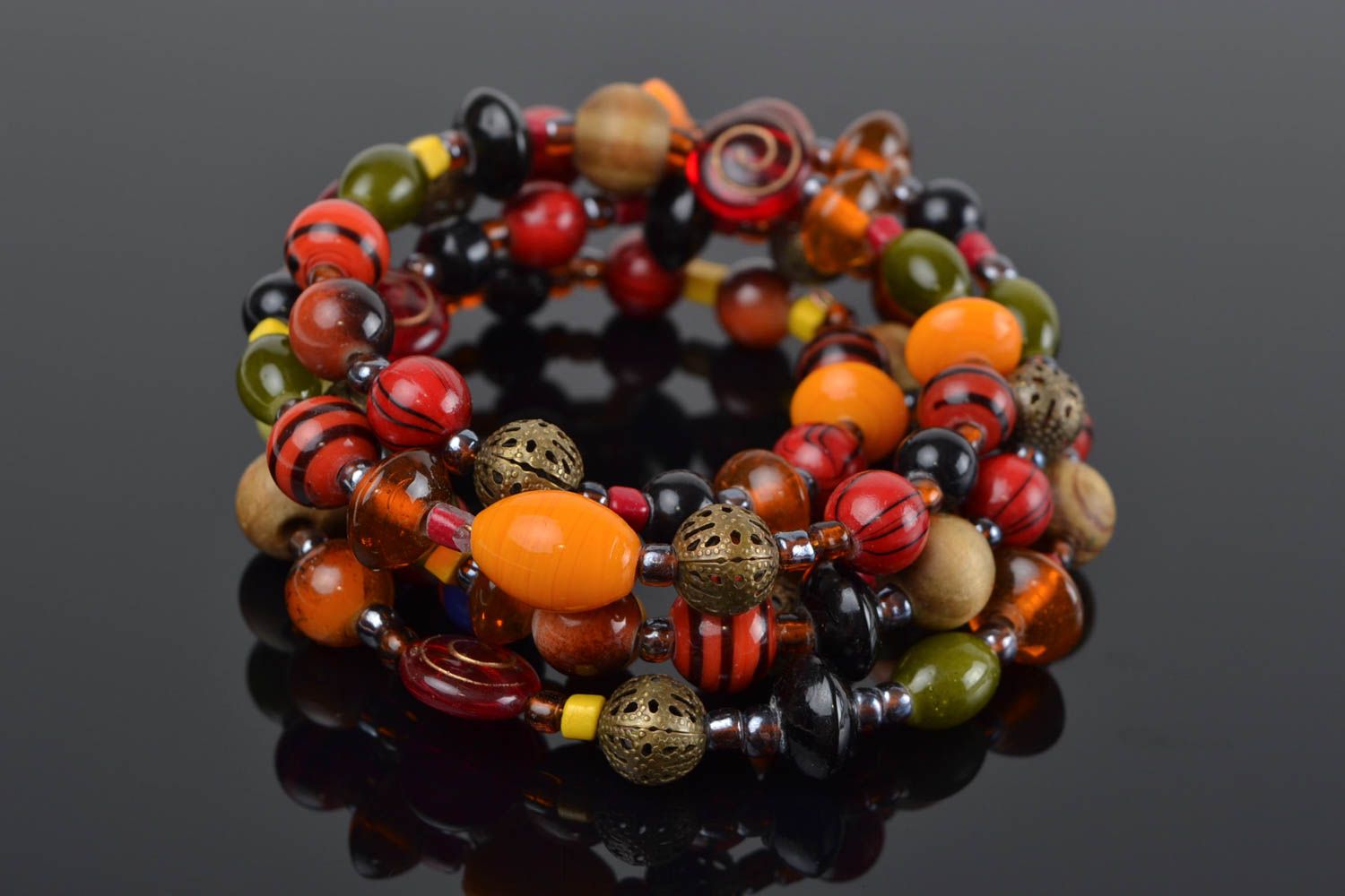 Handmade multi row designer wrist bracelet with wooden and glass colorful beads photo 2