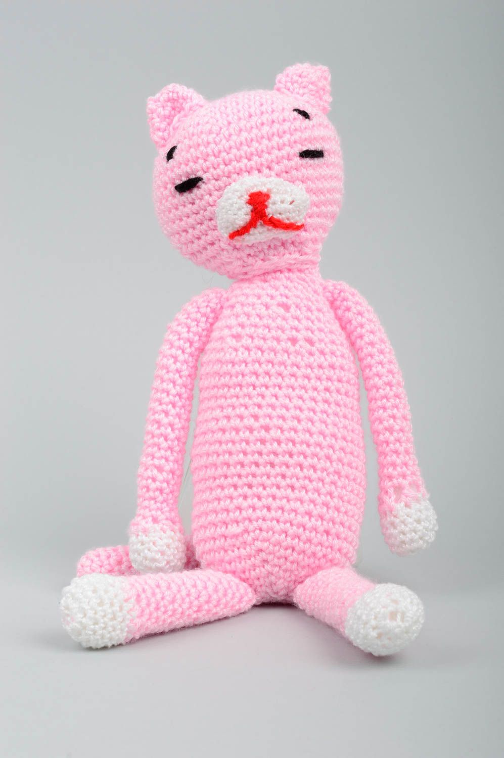 Peluche chat rose faite main Jouet tricot au crochet Cadeau pour enfant photo 1