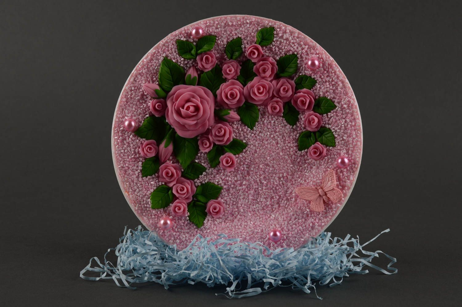 Подарочная тарелка посуда ручной работы декоративная тарелка розовая россыпь фото 1