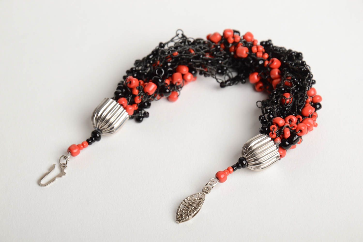 Handmade designer women's wrist bracelet woven of black and red Czech seed beads photo 4