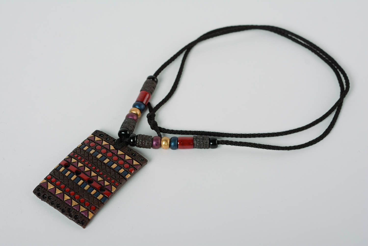 Handmade clay rectangular pendant in ethnic style on long cord fancy jewelry photo 1