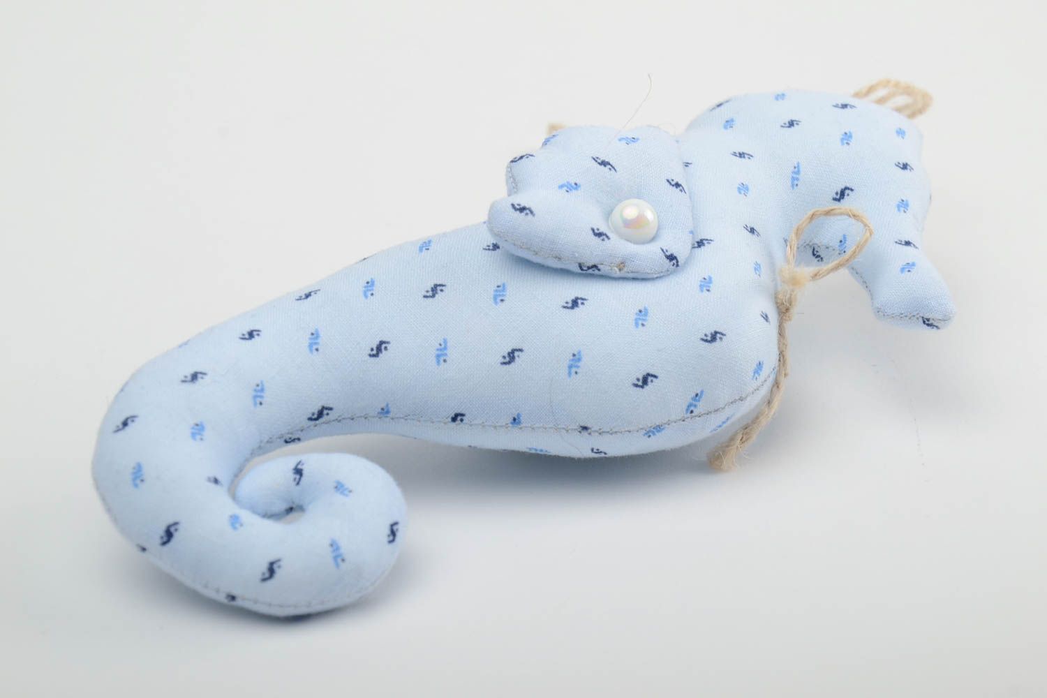 Handmade decorative wall hanging soft toy sea horse sewn of blue cotton fabric photo 2