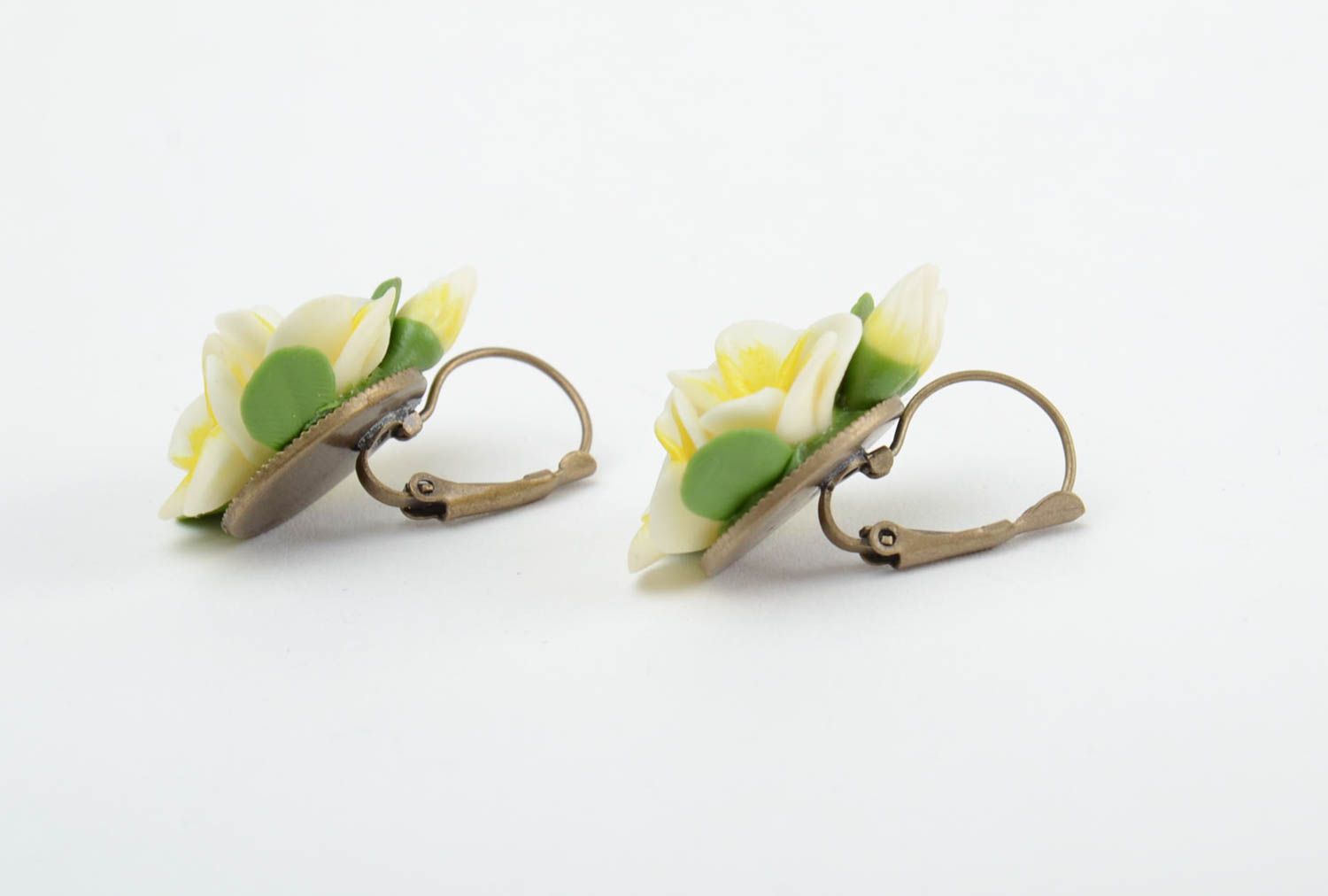 Handmade small neat earrings with cold porcelain yellow vanilla flowers for girls photo 4