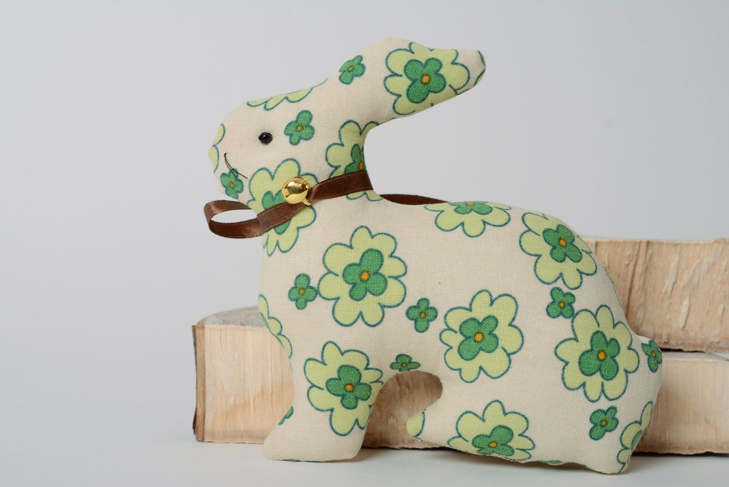 Handmade cotton fabric soft toy hare of green color with flower print photo 4