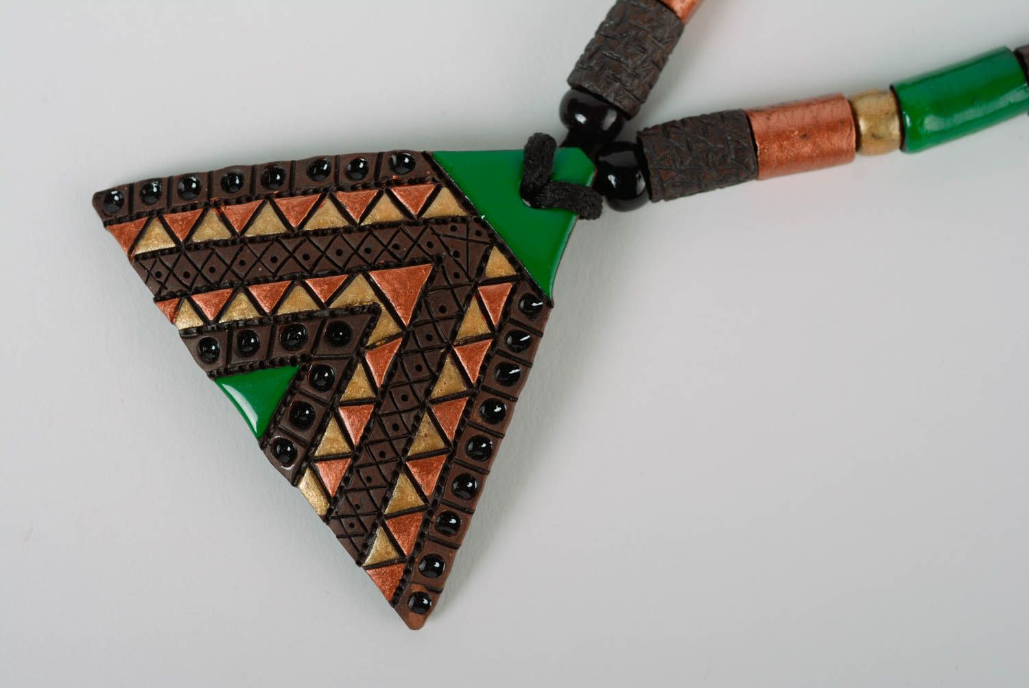 Handmade triangular pendant in ethnic style milk firing technique stylish jewelry photo 2