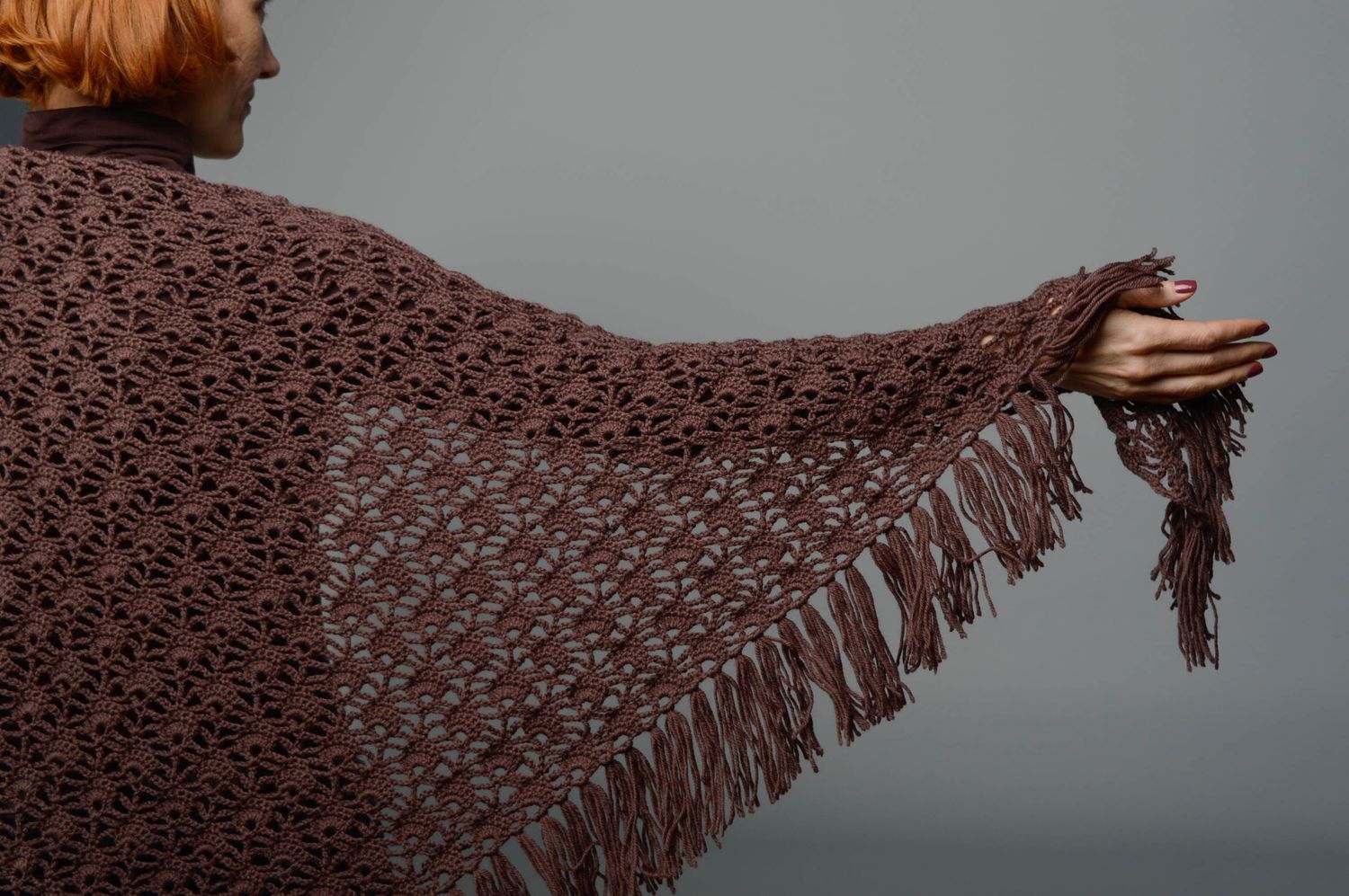 Hand crochet wool shawl of chocolate color photo 2