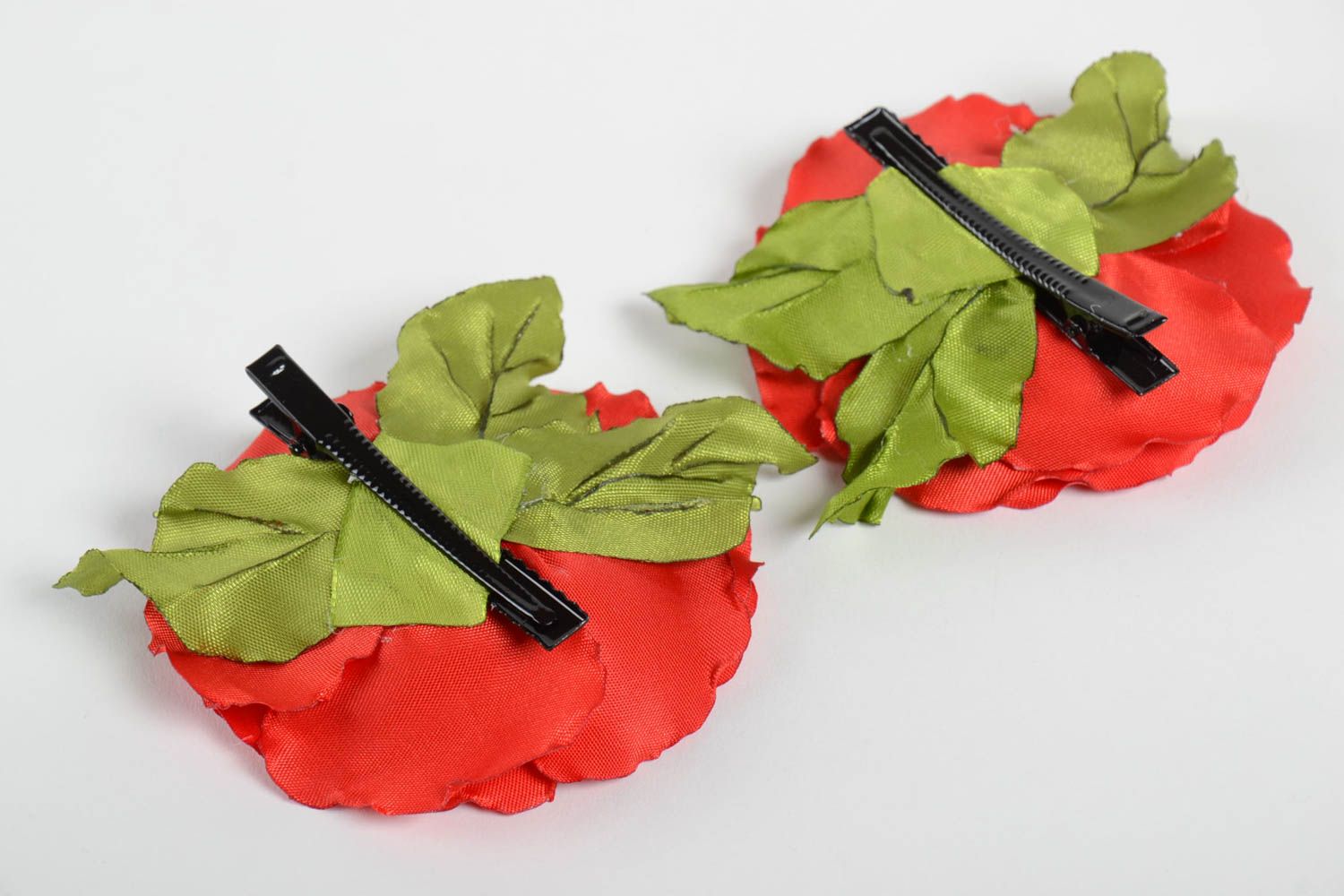 Set of 2 handmade accessories textile flower barrettes satin ribbon hair clips photo 3