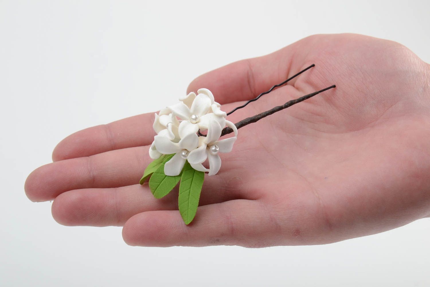 Handmade decorative metal hair pin with tender white self hardening clay flower photo 2