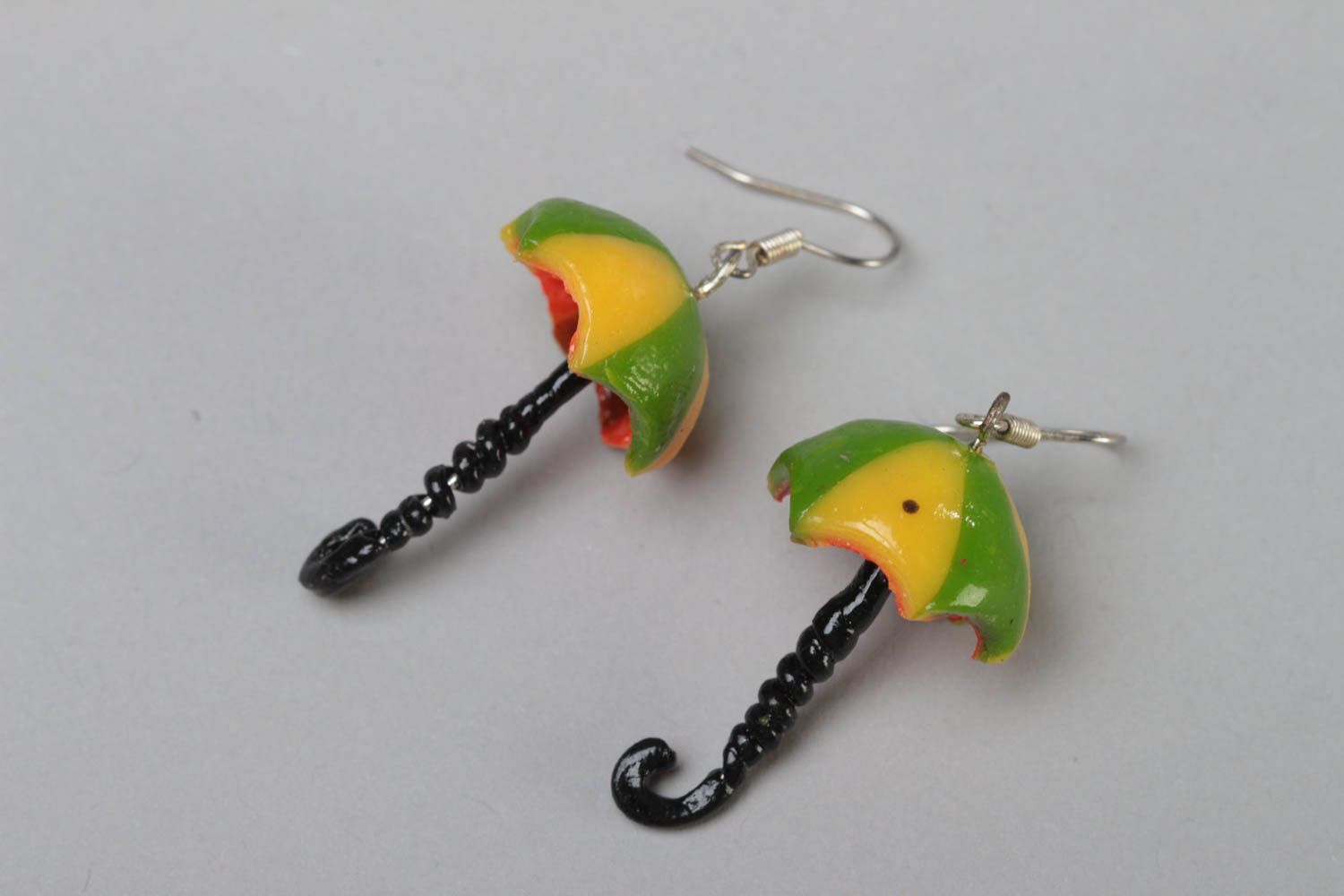 Handmade polymer clay dangling earrings with colorful umbrellas for girls  photo 2