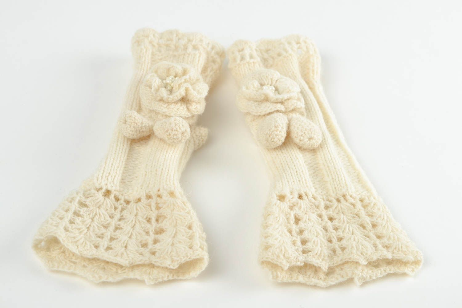 Mitaines tricot fait main Gants mitaines laine design beige Accessoire femme photo 4