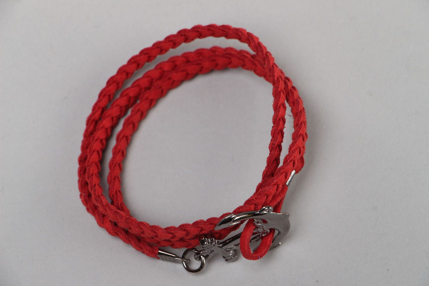 Handmade multi row marine bracelet woven of red artificial suede with anchor photo 2