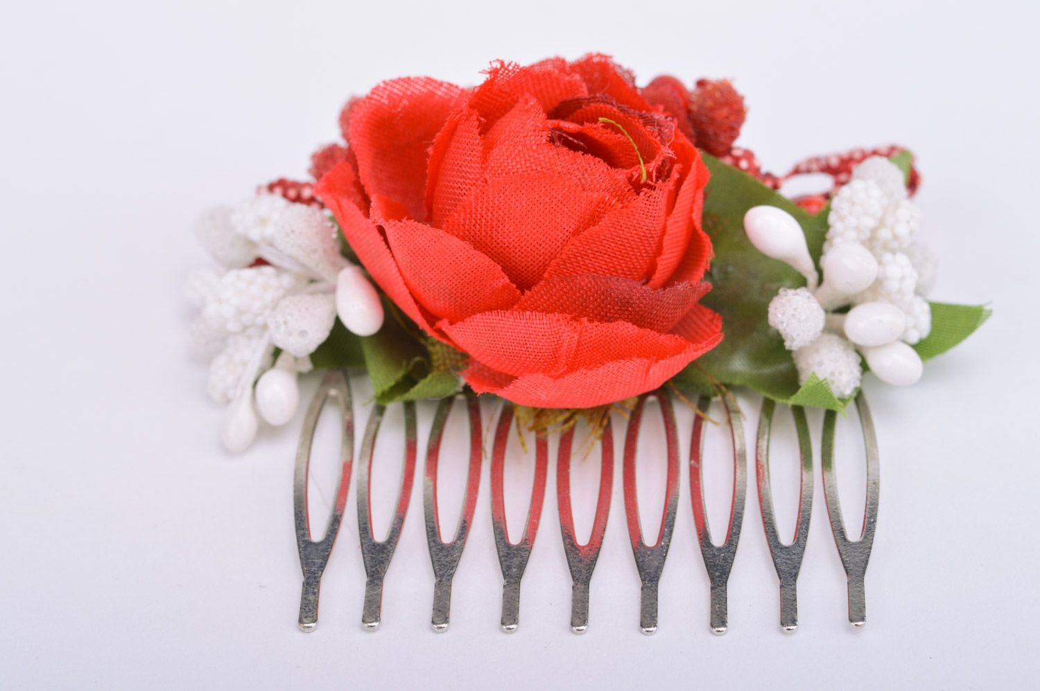 Handmade decorative metal hair comb with artificial flowers Red Rose photo 2