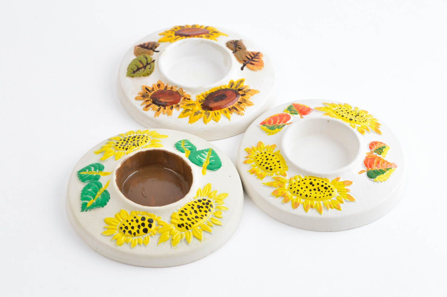 Set of 3 flat ceramic plate tea light candle holders with sunflowers 0,79 inches, 0,66 lb photo 4