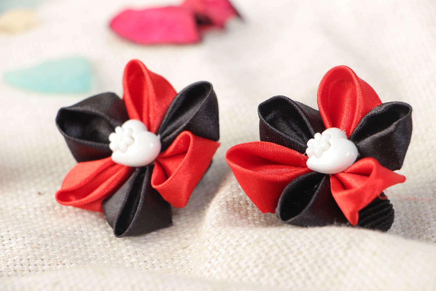 Handmade set of satin ribbon scrunchies made using kanzashi technique hair accessories photo 1