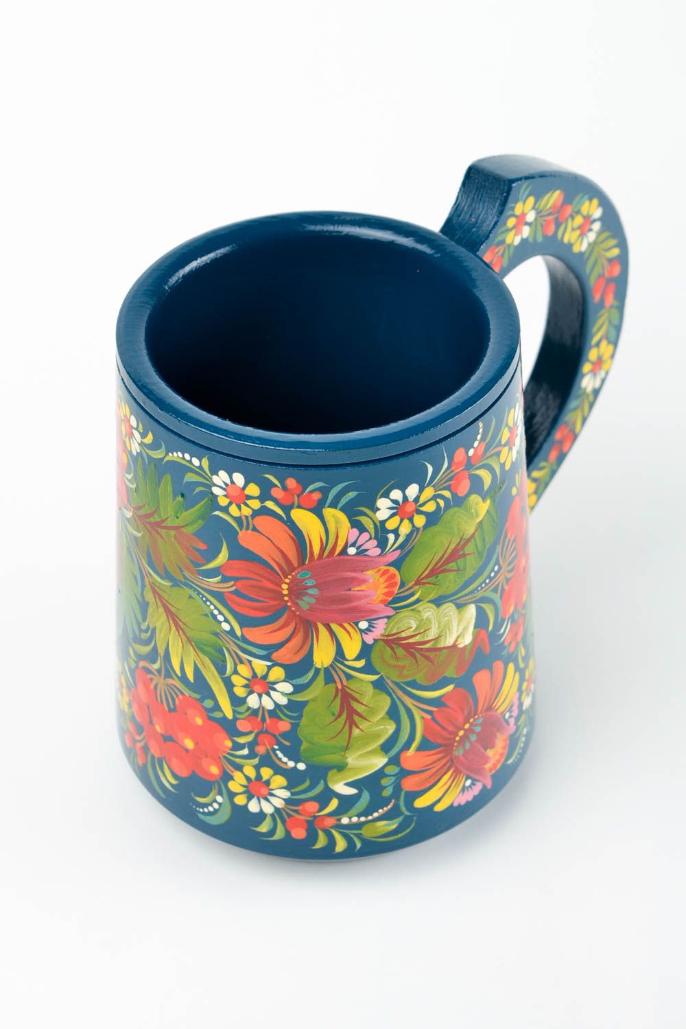 Tasse bois fait main Mug original bleu motif fleurs Vaisselle en bois décorative photo 3