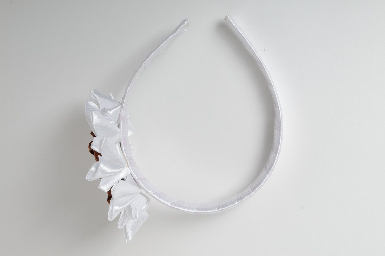 Handmade festive headband with volume satin ribbons kanzashi flower of white color photo 5