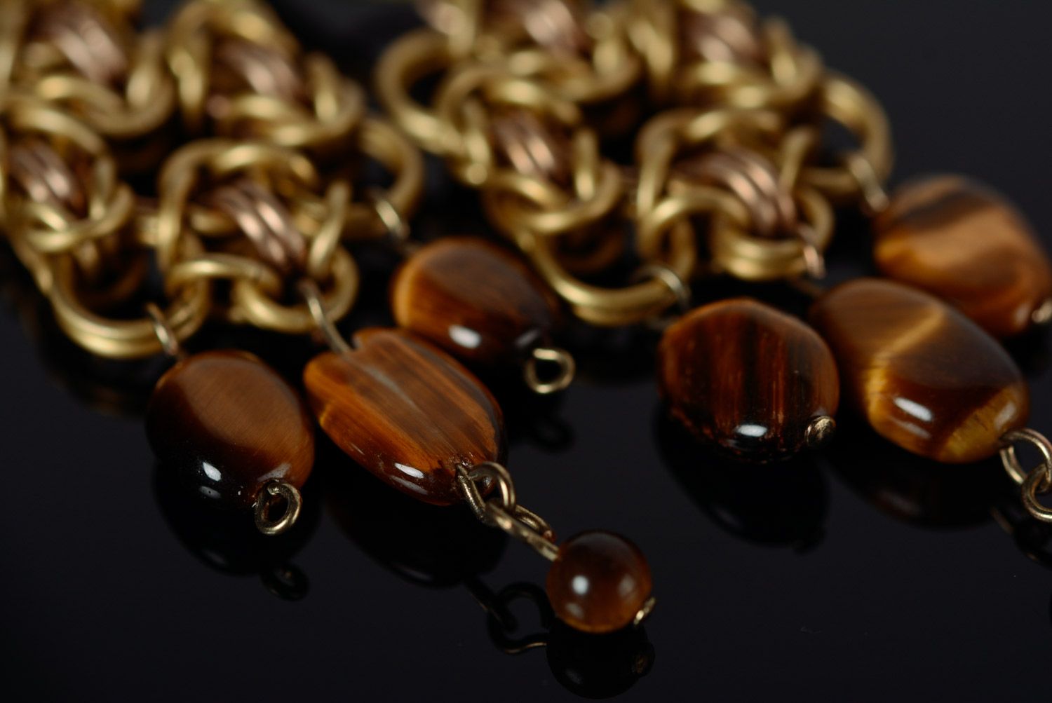 Handmade chainmaille metal earrings with tiger's eye stone photo 2