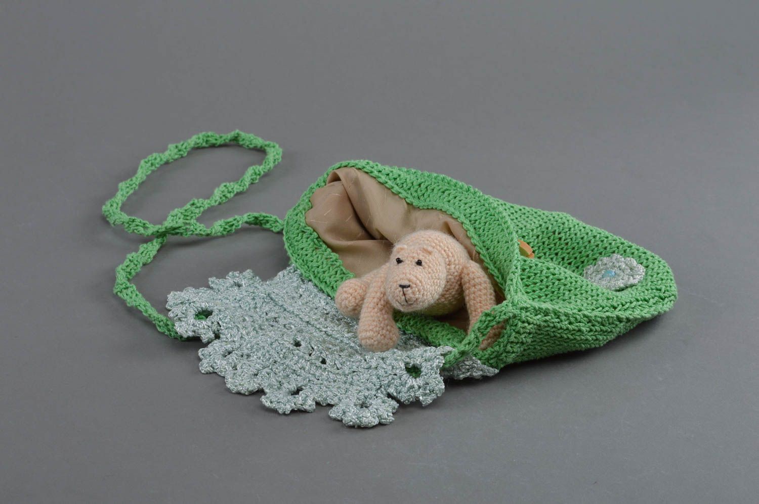 Sac bandoulière tricoté vert petit fait main d'été pour femme ou enfant photo 3