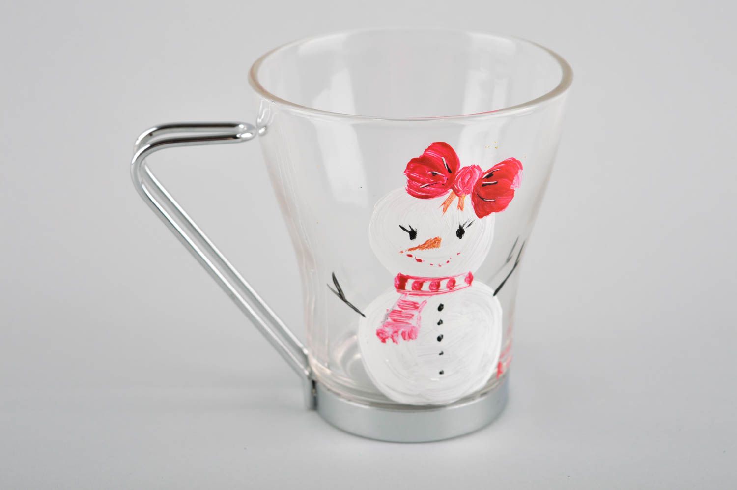 Clear glass coffee or tea cup with metal handle and snowman pattern photo 2