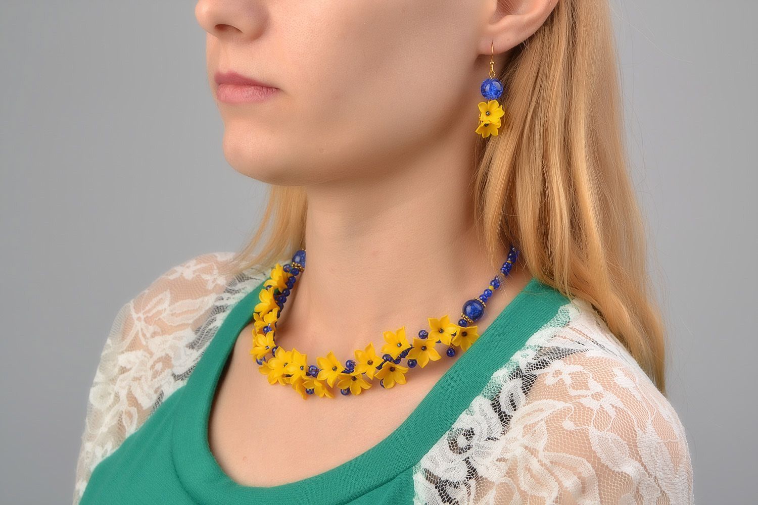 Handmade polymer clay jewelry set blue and yellow floral earrings and necklace  photo 1