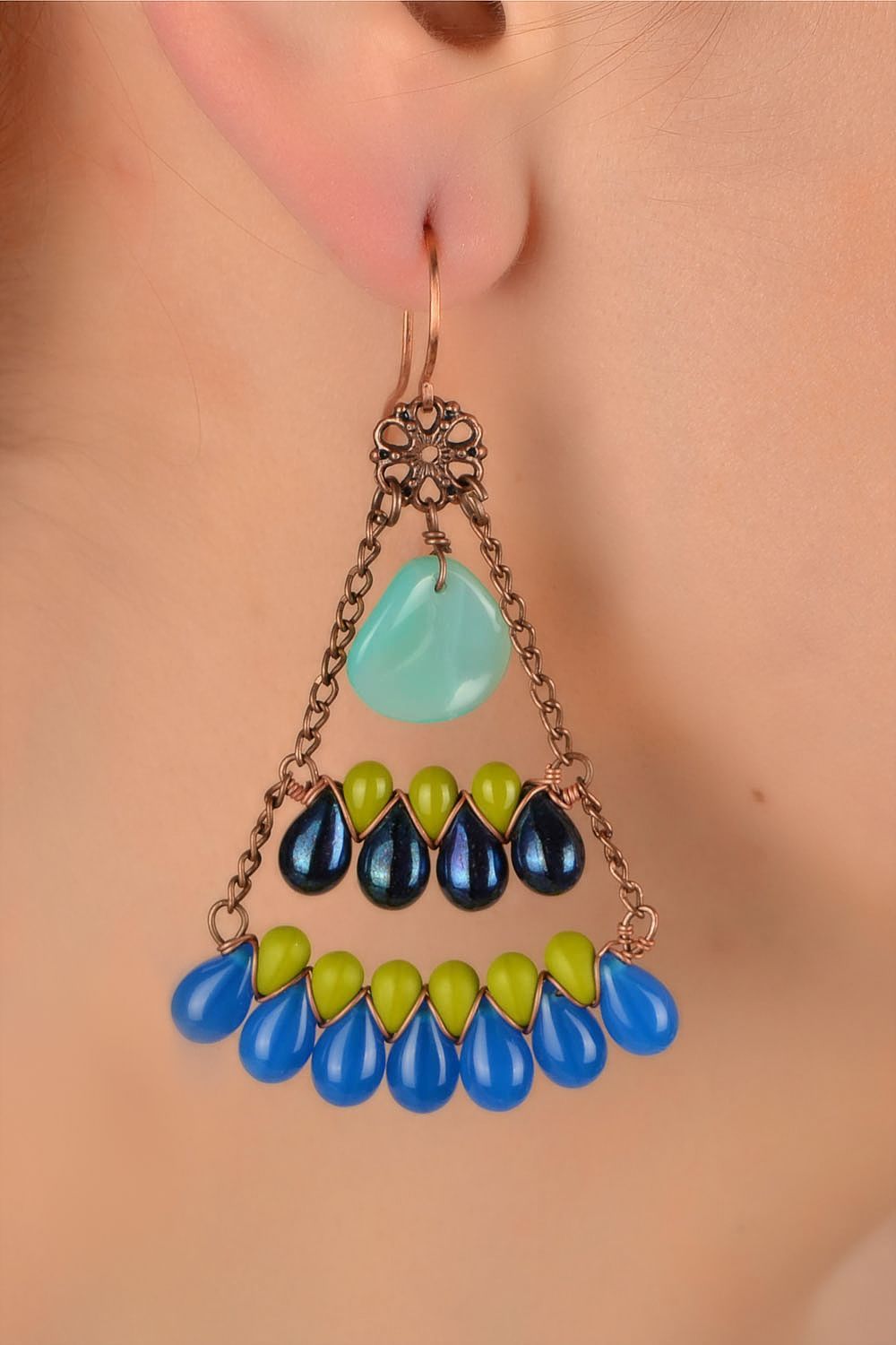 Beautiful handmade massive beaded earrings with Czech glass Peacock Tail photo 5