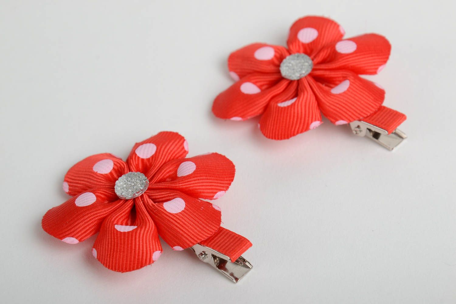 Handmade hair clips with red polka dot satin ribbon flowers set of 2 items photo 2