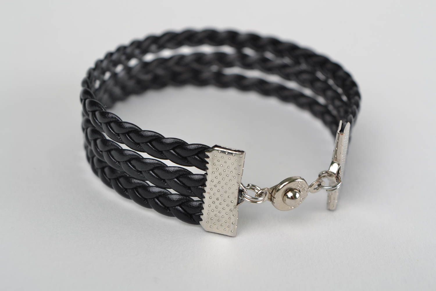 Unusual stylish handmade designer black braided faux leather bracelet photo 4