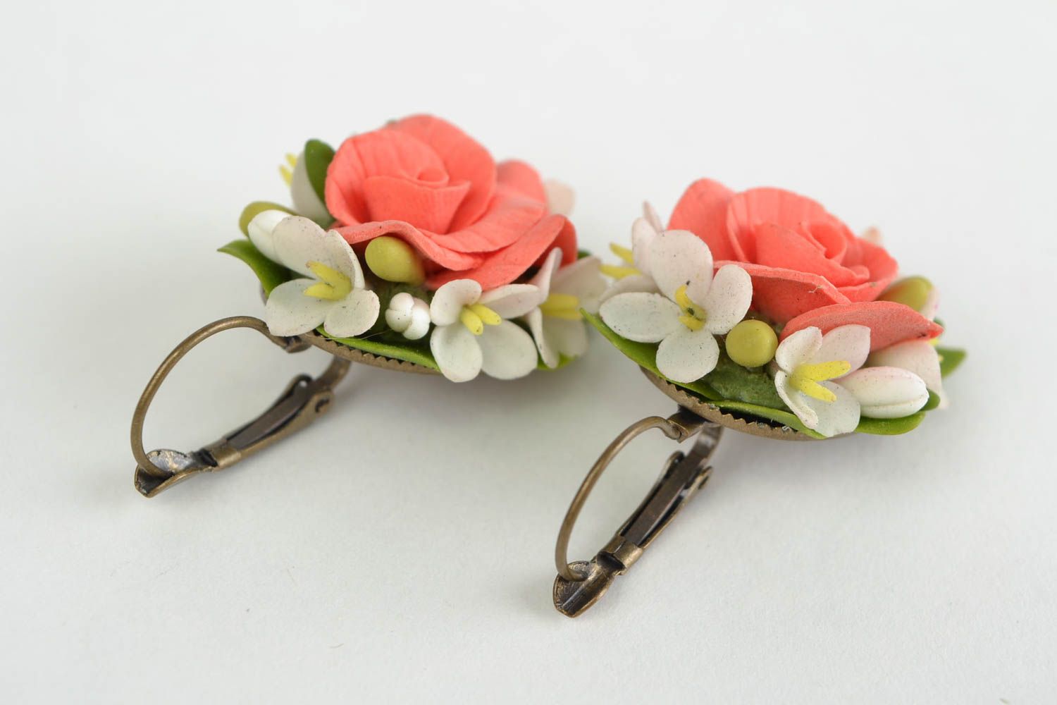 Unusual beautiful handmade cold porcelain flower earrings photo 4