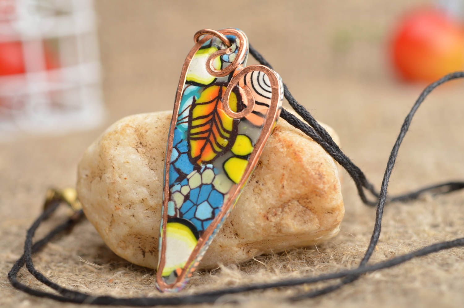 Handmade polymer clay pendant in the form of multi-colored heart on long cord photo 1