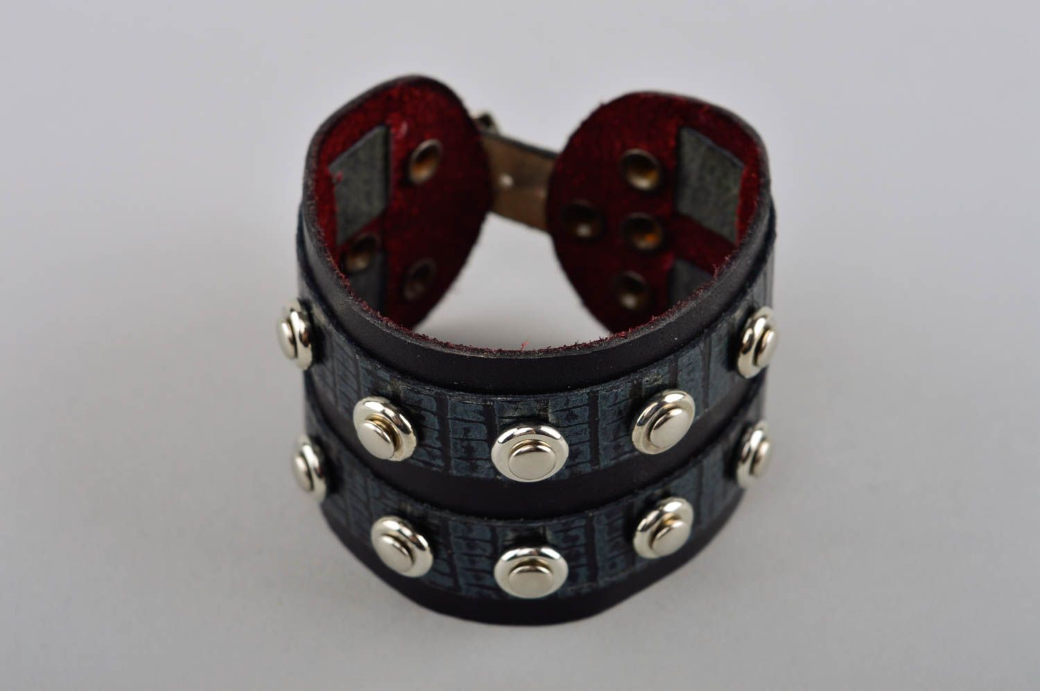 Bracelet cuir noir Bijou fait main large design stylé Cadeau femme original photo 2