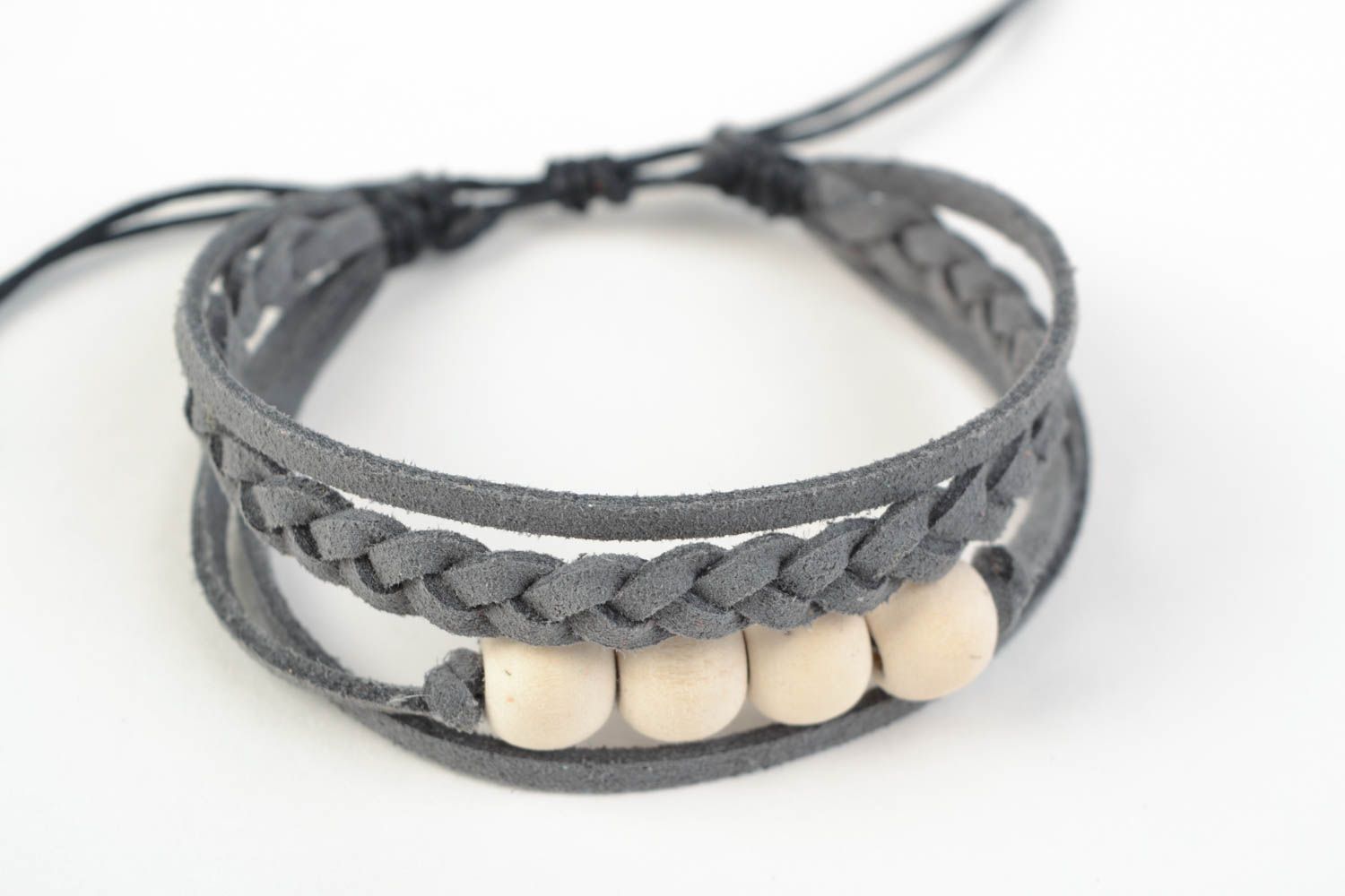 Beautiful designer handmade women's woven suede cord bracelet with beads photo 3
