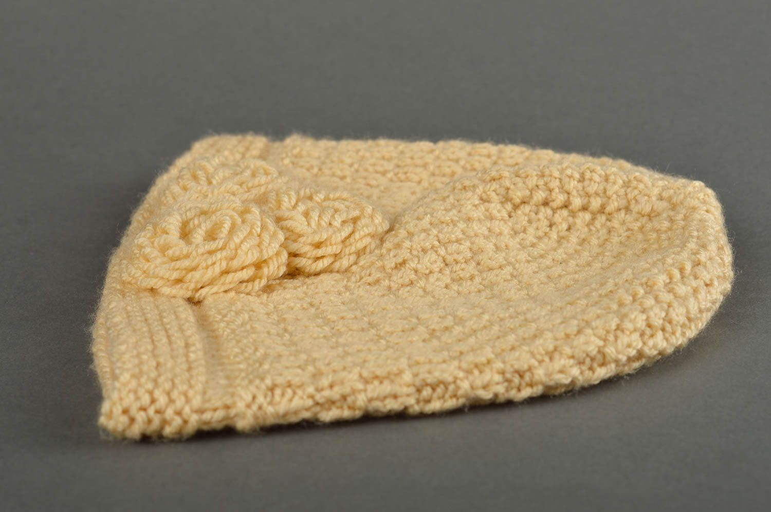 Bonnet tricot fait main Chapeau au crochet chaud jaune fleurs Vêtement enfant photo 3
